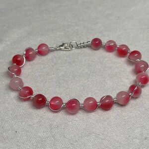 Hand Crafted Pink Beaded Silver Wire Bracelet